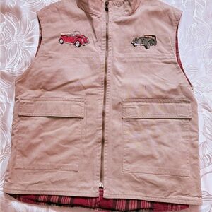 Vintage Utility Tan Vest with Car Embroidery Plaid Lining 2 Patch Pockets - L/XL
